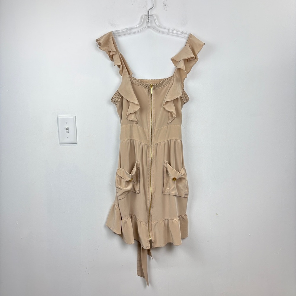🌼Bebe 100% Silk Tan Mini Sundress with Ruffled Tiered Skirt and Flutter Sleeves